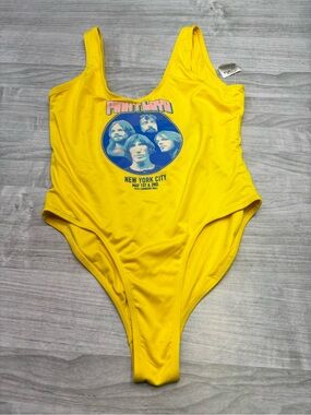 Pink Floyd Yellow Graphic Tank Swim Suit with Blue and Pink Artwork